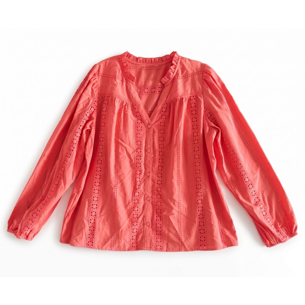 Women's Coral Pink Eyelet Peasant Top Boho Blouse Size M 100% Cotton Cottagecore